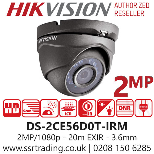 Hikvision - 2MP 3.6mm 20m EXIR Turret Camera in Grey - DS-2CE56D0T-IRM/Grey