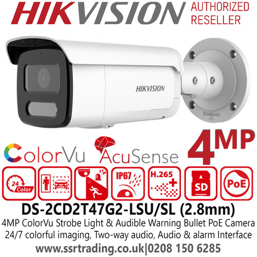 Hikvision DS-2CD2T47G2-LSU/SL (2.8mm) 4MP ColorVu Strobe Light and Audible Warning Fixed Lens Bullet PoE Network Camera - Two way audio - 24/7 colorful imaging 
