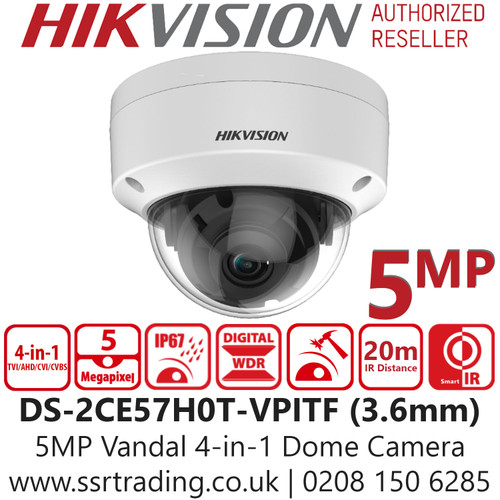 Hikvision 5MP Outdoor Vandal 4-in-1 TVI Dome Camera - Night Vision - 20m IR Range - DS-2CE57H0T-VPITF (3.6mm)