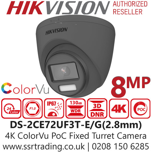 Hikvision 8MP ColorVu PoC Outdoor Grey 4K Turret Camera - 40m White Light Range - DS-2CE72UF3T-E(2.8mm)
