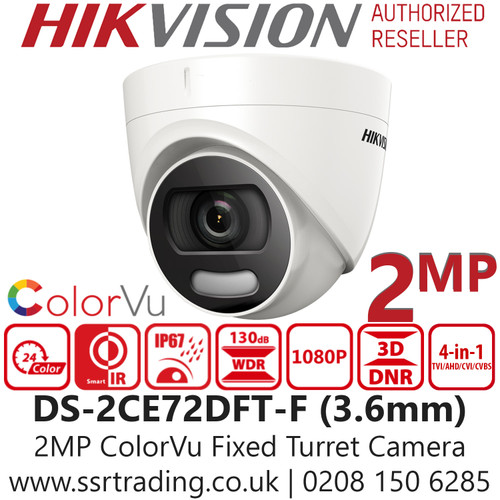 Hikvision 2MP Color Outdoor 4-in-1 Turret Camera - 20m White Light Distance - 24/7 Full Color Imaging - DS-2CE72DFT-F(3.6mm)