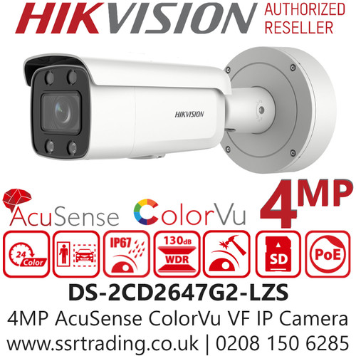 Hikvision 4MP AcuSense ColorVu Motorized Varifocal Lens Outdoor IP PoE Bullet Camera - DS-2CD2647G2-LZS (3.6-9mm) 