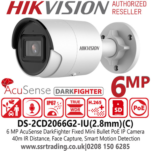 Hikvision 6MP AcuSense 2.8mm lens Darkfighter Mini Bullet Camera with IR & Built in MIC PoE Camera - DS-2CD2066G2-IU