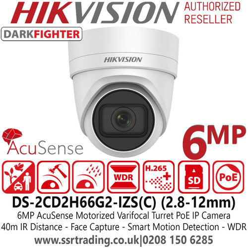 Hikvision DS-2CD2H66G2-IZS (C) 6MP AcuSense Darkfighter 2.8-12mm Motorized Varifocal Lens Turret Network Camera with IR 
