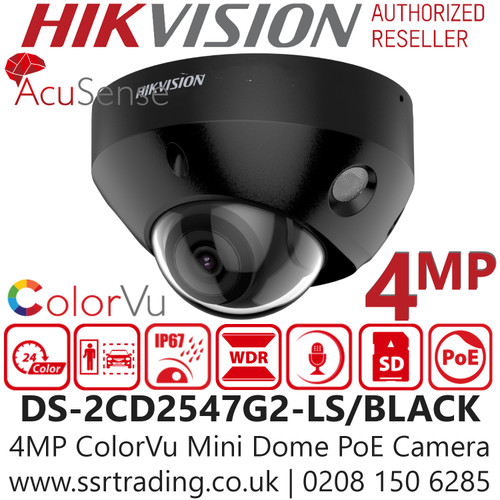 Hikvision 4MP ColorVu Fixed Lens Mini Dome Black Network PoE Camera - Built-in microphone - 30m White Light Range - DS-2CD2547G2-LS /Black (2.8mm)