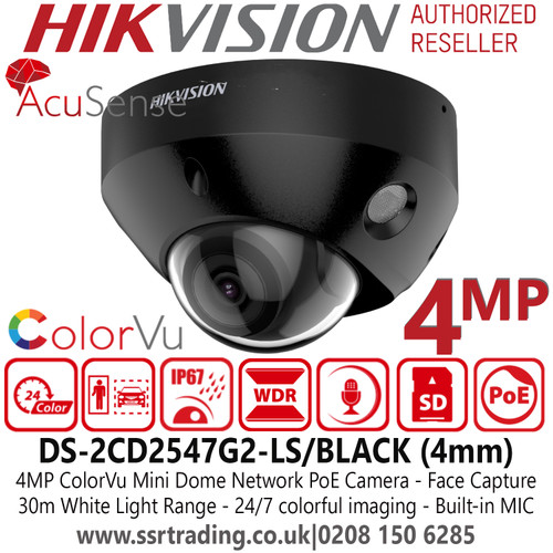Hikvision DS-2CD2547G2-LS /Black (4mm) 4MP ColorVu Fixed Lens Mini Dome Black Network PoE Camera - Built-in microphone - 30m White Light Range 