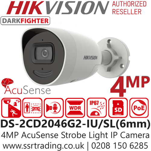 Hikvision 4MP AcuSense DarkFighter Strobe Light and Audible Warning Network PoE Bullet Camera - Built-in two-way audio - 40m IR Range - DS-2CD2046G2-IU/SL(6mm)