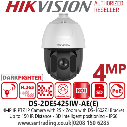 Hikvision DS-2DE5425IW-AE(E) 4MP IR PTZ Speed Dome Camera with 25 x Zoom with DS-1602ZJ Bracket 