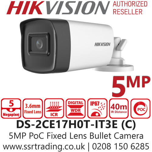 Hikvision 5MP PoC Bullet Camera - 3.6mm Lens - 40m IR Range - DS-2CE17H0T-IT3E(C)