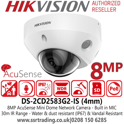 Hikvision 8MP AcuSense IP PoE Mini Dome Camera with IR & Built in mic - 4mm Fixed Lens - 30m IR Range - DS-2CD2583G2-IS