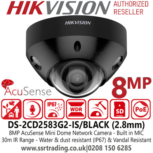 Hikvision DS-2CD2583G2-IS/Black 8MP AcuSense IP PoE Mini Dome Camera with IR & Built in mic - 2.8mm Fixed Lens - 30m IR Range 