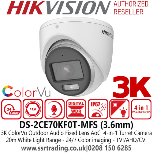 Hikvision 3K ColorVu Outdoor Audio AoC 4-in-1 Turret Camera - 3.6mm lens - 20m IR White Light Range - DS-2CE70KF0T-MFS