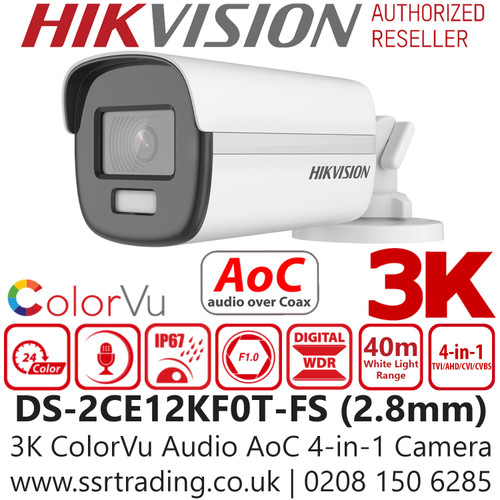 Hikvision 3K ColorVu Outdoor Audio AoC 4-in-1 Bullet Camera - 2.8mm lens - 40m IR White Light Range - DS-2CE12KF0T-FS