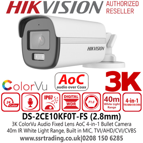 Hikvision DS-2CE10KF0T-FS (2.8mm) 3K ColorVu Outdoor Audio AoC 4-in-1 Bullet Camera - 2.8mm lens - 40m IR White Light Range 