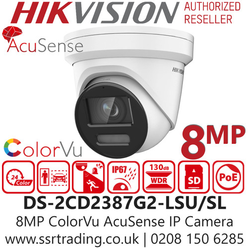 Hikvision DS-2CD2387G2-LSU/SL 8MP ColorVu AcuSense Strobe Light and Audible Warning Turret Network PoE Camera - 2.8mm Lens - 30m White Light Range - Built-in Two-way audio 
