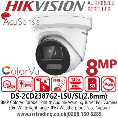 Hikvision ColorVu 8MP AcuSense Strobe Light and Audible Warning Turret Network PoE Camera - 2.8mm Lens - 30m White Light Range - Built-in Two-way audio  - DS-2CD2387G2-LSU/SL
