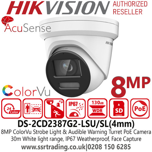 Hikvision DS-2CD2387G2-LSU/SL 8MP IP PoE Turret Camera - AcuSense - ColorVu - Strobe Light and Audible Warning - 4mm Lens - 30m White Light Range - Built-in Two-way audio 