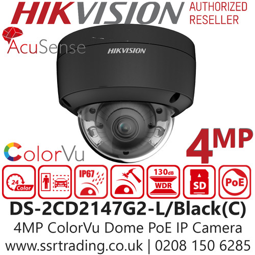 Hikvision 4MP ColorVu AcuSense Outdoor Nightvision PoE IP Black Dome Camera - 2.8mm Lens - 30m White Light Range - DS-2CD2147G2-L/Black(2.8mm) (C)