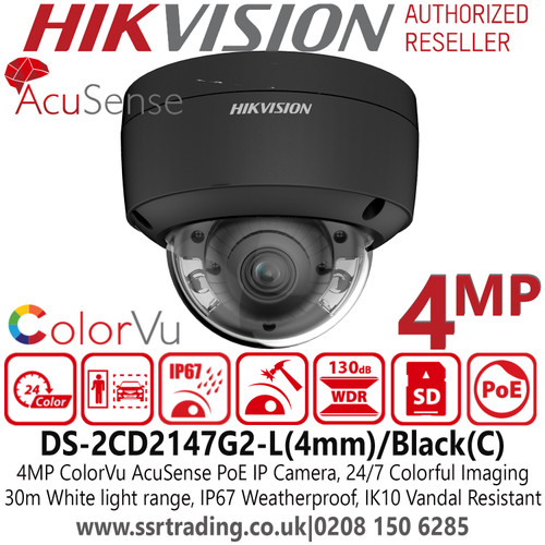 Hikvision 4MP ColorVu AcuSense Outdoor PoE IP Black Dome Camera - 4mm Lens - 30m White Light Range - DS-2CD2147G2-L/Black(4mm) (C)