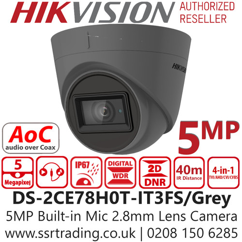 Hikvision 5MP 2.8mm Built-in Mic AoC Grey Camera - DS-2CE78H0T-IT3FS/Grey