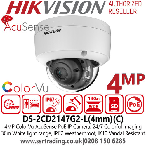 IP Camera Hikvision DS-2CD2147G2-L(4mm) (C) IP PoE Dome Camera - 4MP - ColorVu - AcuSense - 4mm Lens - 30m White Light Range 