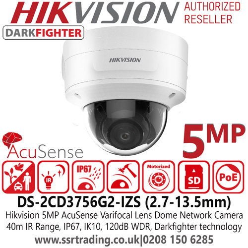 Hikvision 5MP IP PoE AcuSense Varifocal Lens Darkfighter Dome Camera with IR - DS-2CD3756G2-IZS(C) (2.7-13.5mm)