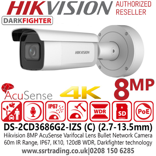 Hikvision 8MP IP PoE AcuSense Darkfighter Varifocal Bullet Network Camera - 2.7-13.5mm Motorized Varifocal Lens - 60m IR Range - Built in MIC - IP67 - IK10 - Face Capture - DS-2CD3686G2-IZS( C)
