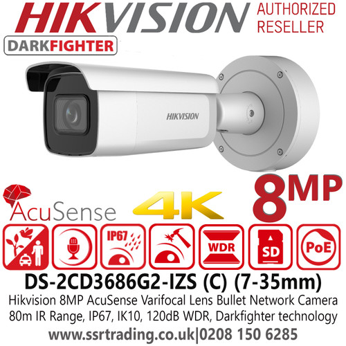 Hikvision 8MP AcuSense Darkfighter Varifocal Bullet Network Camera, 7-35mm Motorized Varifocal Lens - 80m IR Range - Built in MIC - IP67 - IK10 - Face Capture - DS-2CD3686G2-IZS(C) (7-35mm)