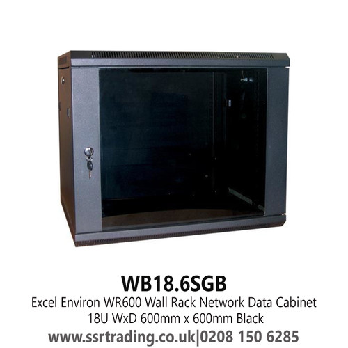 Excel Environ WR600 Wall Rack Network Data Cabinet 18U WxD 600mm x 600mm Black - WB18.6SGB
