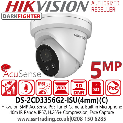 Hikvision DS-2CD3356G2-ISU(4MM)(C) 5MP AcuSense Darkfighter Outdoor IP PoE Turret Camera with IR & Built-in Mic - 4mm Fixed Lens - 40m IR Range - Face Capture  