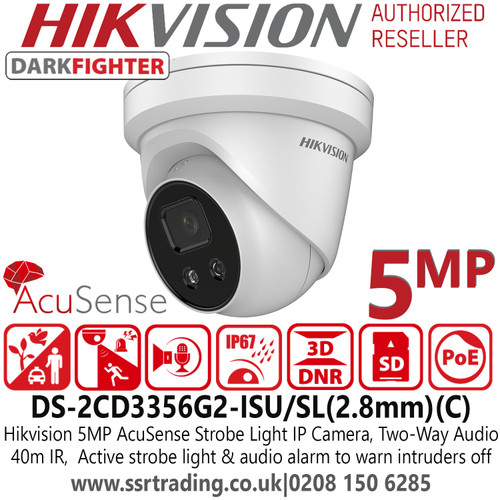Hikvision DS-2CD3356G2-ISU/SL(C) 5MP AcuSense Darkfighter Outdoor IP PoE Turret Camera with IR & Built-in Two-Way Audio - 2.8mm Fixed Lens - 40m IR Range - Face Capture -  Strobe Light and Audio Alarm 