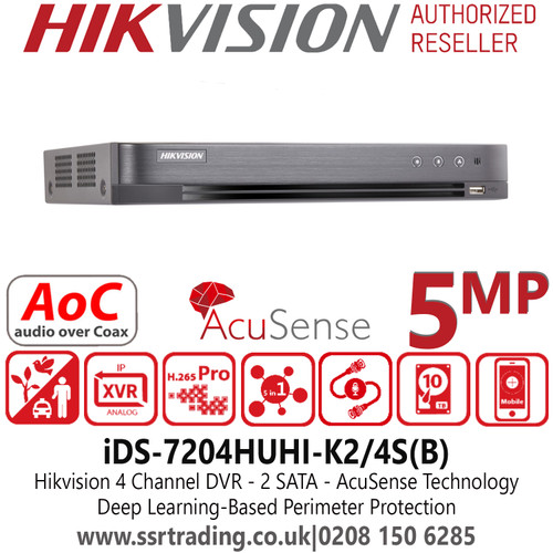 Hikvision - 4 Channel AcuSense DVR - 5MP - 2 SATA Interface - Audio Via Coaxial Cable - iDS-7204HUHI-K2/4S(B)
