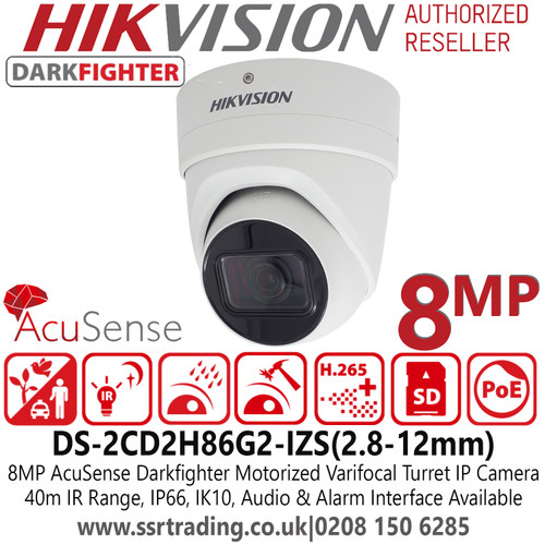 Hikvision 8MP Motorized Varifocal Lens AcuSense Darkfighter IP PoE Turret Camera - DS-2CD2H86G2-IZS (2.8-12mm)