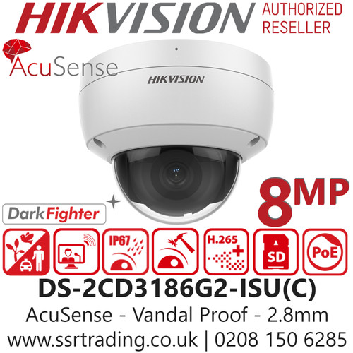 Hikvision - 8MP/4K  IP PoE AcuSense DarkFighter Dome Camera with Built in Mic - 40m IR Range - DS-2CD3186G2-ISU(2.8mm)