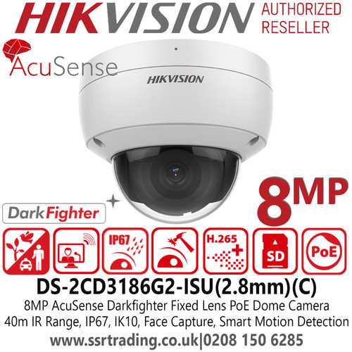 Hikvision 8MP/4K  IP PoE AcuSense DarkFighter Dome Camera with 2.8mm Fixed Lens - Built in Mic - 40m IR Range - DS-2CD3186G2-ISU(2.8mm)