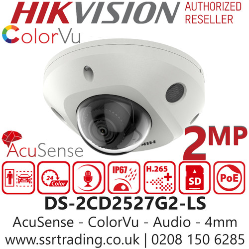 Hikvision 2MP IP PoE Mini Dome Camera - 4mm Fixed Lens - 30m White Light Range - IP67 - IK08 - WDR - Built in Microphone - Face Capture - AcuSense Technology - ColorVu Technology - 24/7 Colorful Imaging - DS-2CD2527G2-LS (4mm)