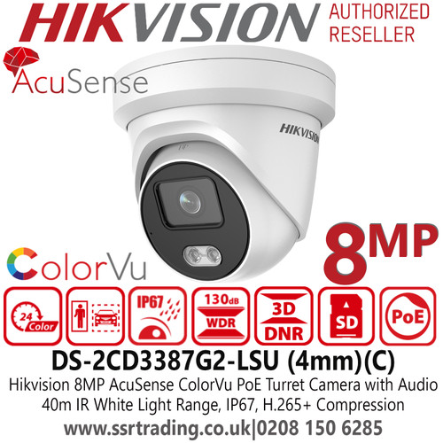 Hikvision 8MP IP PoE AcuSense ColorVu Turret Camera with Audio  - 40m White light - Built in microphone -DS-2CD3387G2-LSU(4mm)(C)