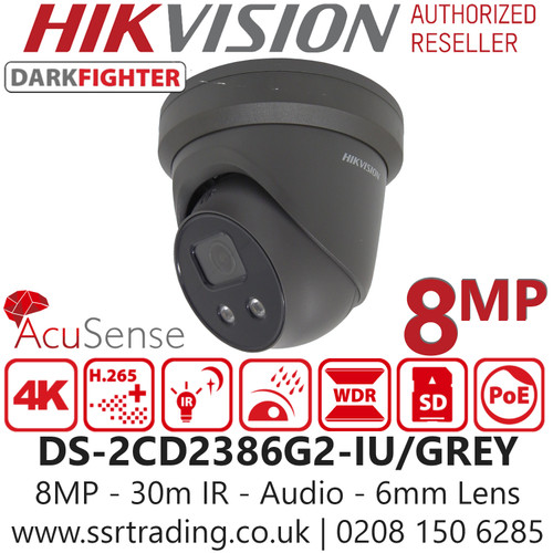 Hikvision AcuSense 8MP Darkfighter IP PoE Turret Camera with IR & Built in Mic, 6mm Fixed Lens, 30m IR Range, Facture Capture, Smart Motion Detection , IP66 Weatherproof -  DS-2CD2386G2-IU (6MM)/GREY