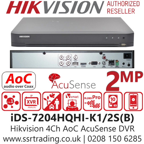 Hikvision 4 Channel AcuSense TVI 2MP 4Ch DVR - Audio via Coaxial Cable - 1 SATA - HDTVI/AHD/CVI/CVBS/IP video inputs - iDS-7204HQHI-K1/2S(B)