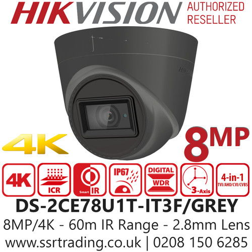 DS-2CE78U1T-IT3F/GREY Hikvision 8MP/4K TVI Turret Camera - 2.8mm Fixed Lens - 4-in-1 - 60m IR Distance - EXIR Technology - IP67