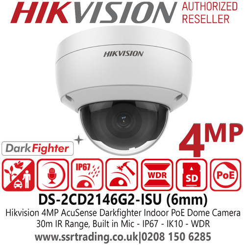 Hikvision DS-2CD2146G2-ISU 4MP AcuSense Darkfighter Audio IP PoE Indoor Dome Camera - 6mm Fixed Lens - 30m IR Range - Built in Microphone 