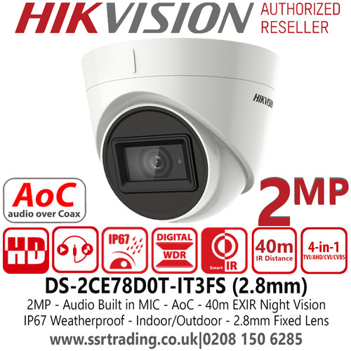 DS-2CE78D0T-IT3FS (2.8mm) Hikvision 2MP 2.8mm Fixed Lens 4-in-1 AoC Audio Turret CCTV Camera, Switchable TVI/AHD/CVI/CVBS, 40m IR Distance, IP67 Weatherproof, Audio Over Coaxial Cable, Built-in Mic 