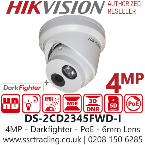 Hikvision DS-2CD2345FWD-I(6mm) 4MP Darkfighter PoE Turret Camera with 6mm Fixed Lens,  30m IR Distance, IP67 Weatherproof, 120dB WDR, Built-In Micro SD/SDHC/SDXC Card Slot