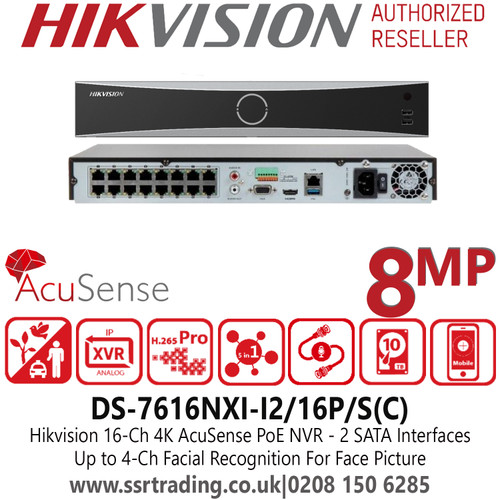 Hikvision 16 Channel NVR - 16 PoE Ports - 2 SATA Interfaces - AcuSense Technology -  Up to 4-Ch Perimeter Protection - Up to 4-Ch Facial Recognition For Face Picture - DS-7616NXI-I2/16P/S  (C)