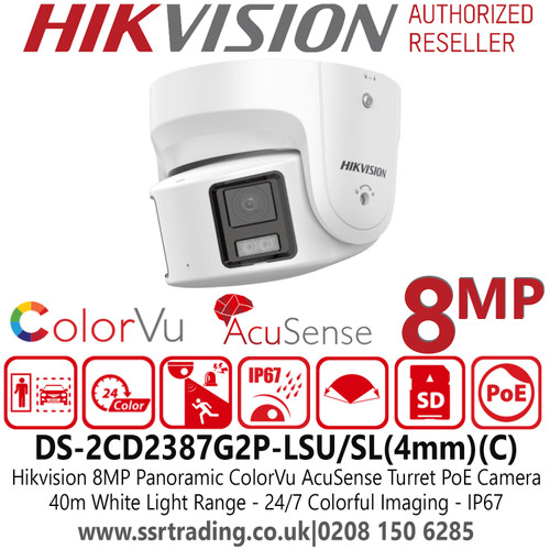 Hikvision 8MP Panoramic Turret PoE IP 4K Camera with 4mm Fixed Lens - 40m White Light Range - 24/7 Colorful Imaging - IP67 - AcuSense Technology - ColorVu Technology - DS-2CD2387G2P-LSU/SL(4mm)(C) 