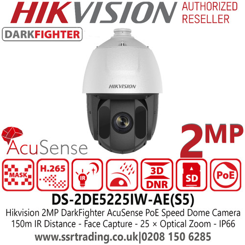 Hikvision 2MP IP PoE PTZ Camera - Face Capture - AcuSesne Technology - DarkFighter Technology - 150m IR Range - DS-2DE5225IW-AE(S5)