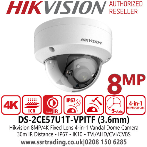 DS-2CE57U1T-VPITF Hikvision 8MP Vandal 4-in-1 TVI Dome Camera with 3.6mm Fixed Lens, 4-in-1 (4 Signals Switchable TVI/AHD/CVI/CVBS) 
