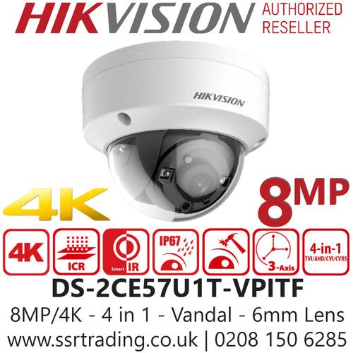 Hikvision DS-2CE57U1T-VPITF 8MP TVI Dome Camera with 6mm Fixed Lens, Vandal IK10, 4-in-1 (4 Signals Switchable TVI/AHD/CVI/CVBS) 