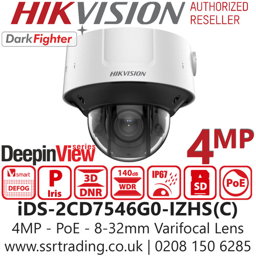 Hikvision 4MP Outdoor Varifocal Lens IP PoE Dome Camera -DeepinView - Darkfighter -50m IR  Range - IP67 - IK10 - Face Capture - Defog -  H.265+ Compression -  iDS-2CD7546G0-IZHS(8-32mm)(C)