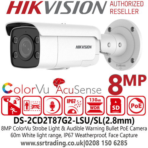 DS-2CD2T87G2-LSU/SL(2.8mm) Hikvision 8MP Outdoor AcuSense ColoVu Bullet IP PoE 8MP Camera with Audible Warning and Strobe Light, Built-in Two-way audio 